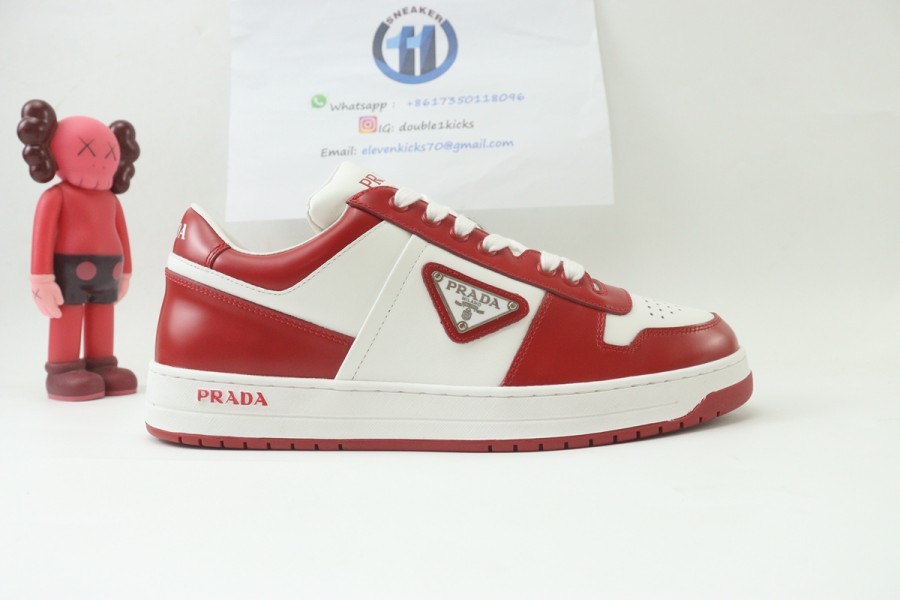 Prada Downtown Leather Low-top White And Red Runner Sneakers Sporty Casual Shoes